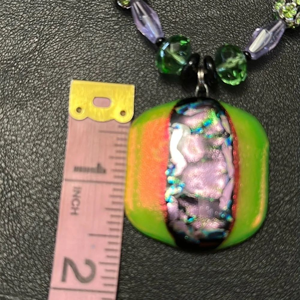 Dichroic Glass Pendant & Glass Beads Shepherd Hook Necklace
